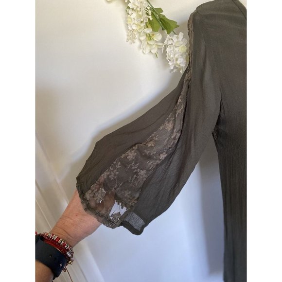 World Market Grey Mini Flare Dress Tunic Women S/M Lace Accents Long Sleeve Vtg - Picture 8 of 16